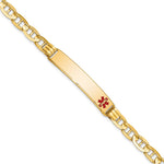 14K Medical Solid Chain/Solid Plate 38x Off-Center Red Enamel Anchor Link ID Bracelet