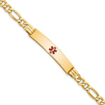 14K Medical Semi-Solid Chain/Solid Plate 38x Centered Red Enamel Figaro Link ID Bracelet