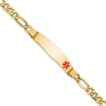 14K Medical Semi-Solid Chain/Solid Plate Soft Diamond Shape 38x Off-Center Red Enamel Figaro Link ID Bracelet