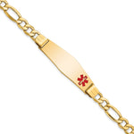 14K Medical Semi-Solid Chain/Solid Plate Soft Diamond Shape 40x Off-Center Red Enamel Figaro Link ID Bracelet