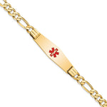 14K Medical Soft Diamond Shape Red Enamel Flat Figaro Link ID Bracelet