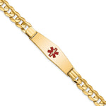 14K Medical Solid Chain/Solid Plate Soft Diamond Shape 40x Centered Red Enamel Curb Link ID Bracelet