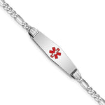 14K White Gold Medical Solid Chain/Solid Plate 24x Soft Diamond Shape Centered Red Enamel Figaro Link ID Bracelet