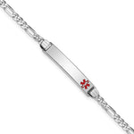 14K White Gold Medical Solid Chain/Solid Plate 26x Off-Center Red Enamel Figaro Link ID Bracelet