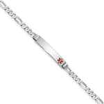 14K White Gold Medical Solid Chain/Solid Plate 26x Off-Center Red Enamel Figaro Link ID Bracelet