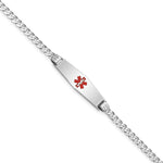 14K White Gold Medical Solid Chain/Solid Plate 24x Soft Diamond Shape Centered Red Enamel Flat Curb Link ID Bracelet
