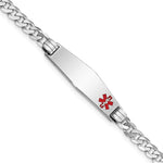 14K White Gold Medical Solid Chain/Solid Plate 26x Soft Diamond Shape Off-Center Red Enamel Flat Curb Link ID Bracelet