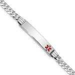14K White Gold Medical Solid Chain/Solid Plate 26x Off-Center Red Enamel Flat Curb Link ID Bracelet