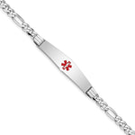 14K White Gold Medical Solid Chain/Solid Plate Soft Diamond Shape 36x Centered Red Enamel Figaro Link ID Bracelet