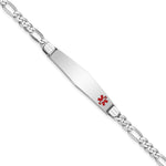 14K White Gold Medical Solid Chain/Solid Plate Soft Diamond Shape 37x Off-Center Red Enamel Figaro Link ID Bracelet