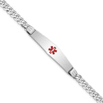 14K White Gold Medical Solid Chain/Solid Plate Soft Diamond Shape 36x Centered Red Enamel Flat Curb Link ID Bracelet
