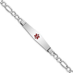 14K White Gold Medical Semi-Solid Chain/Solid Plate Soft Diamond Shape 37x Centered Red Enamel Figaro Link ID Bracelet