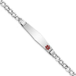14K White Gold Medical Semi-Solid Chain/Solid Plate Soft Diamond Shape 37x Off-Center Red Enamel Cuban Link ID Bracelet