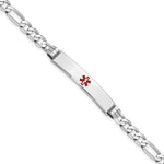 14K White Gold Medical Solid Chain/Solid Plate 37x Centered Red Enamel Figaro Link ID Bracelet