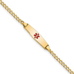 14k Medical Semi-Solid Chain/Solid Plate 20x Soft Diamond Shape Centered Red Enamel Cuban Link Baby/Child ID Bracelet