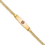 14k Medical Semi-Solid Chain/Solid Plate 20x Soft Diamond Shape Centered Red Enamel Anchor Link Baby/Child ID Bracelet