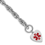 Sterling Silver Rhodium-plated Rope Chain Engravable Red Enamel 23x Heart Disc Medical ID Bracelet