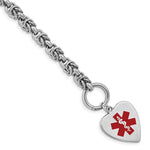 Sterling Silver Rhodium-plated Byzantine Link Engravable Red Enamel 23x Heart Disc Medical ID Bracelet