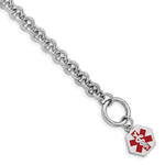 Sterling Silver Rhodium-plated Rolo Link Engravable Red Enamel Hexagon Disc Medical ID Bracelet