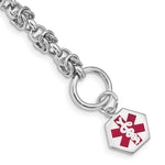 Sterling Silver Rhodium-plated Byzantine Link Engravable Red Enamel Hexagon Disc Medical ID Bracelet