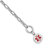 Sterling Silver Rhodium-plated Cable Link Engravable Red Enamel Round Disc Medical ID Bracelet
