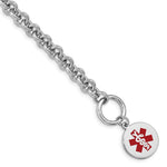 Sterling Silver Rhodium-plated Rolo Link Engravable Red Enamel Round Disc Medical ID Bracelet