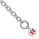 Sterling Silver Rhodium-plated Cable Link Engravable Red Enamel Round Disc Medical ID Bracelet