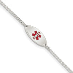 Sterling Silver Rhodium-plated Curb Link Centered Red Enamel 18x Oval Plate Medical ID Bracelet
