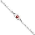 Sterling Silver Rhodium-plated Figaro Link Centered Red Enamel 18x Oval Plate Medical ID Bracelet