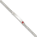 Sterling Silver Polished Curb Link Off-Center Red Enamel 32x Plate Medical ID Bracelet
