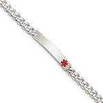 Sterling Silver Polished Curb Link Off-Center Red Enamel 32x Plate Medical ID Bracelet