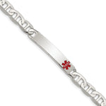 Sterling Silver Polished Anchor Link Off-Center Red Enamel 34x Plate Medical ID Bracelet