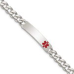 Sterling Silver Polished Curb Link Off-Center Red Enamel 34x Plate Medical ID Bracelet