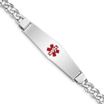 Sterling Silver Rhodium-plated Curb Link Centered Red Enamel 50x Plate Medical ID Bracelet