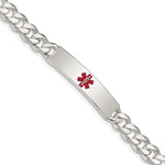 Sterling Silver Polished Curb Link Centered Red Enamel 37x Plate Medical ID Bracelet