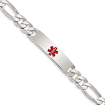 Sterling Silver Polished Figaro Link Centered Red Enamel 39x Plate Medical ID Bracelet