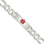 Sterling Silver Polished Figaro Link Centered Red Enamel 42x Plate Medical ID Bracelet