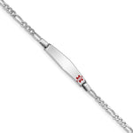 Sterling Silver Rhodium-plated Figaro Link Off-Center Red Enamel 28x Plate Medical ID Bracelet