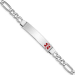 Sterling Silver Rhodium-plated Figaro Link Off-Center Red Enamel 43x Plate Medical ID Bracelet