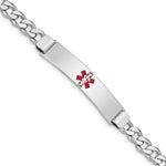 Sterling Silver Rhodium-plated Curb Link Centered Red Enamel 43x Plate Medical ID Bracelet