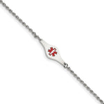 Sterling Silver Rhodium-plated Rope Link Centered Red Enamel 24x Plate Medical ID Bracelet