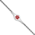 Sterling Silver Rhodium-plated Rope Link Centered Red Enamel 34x Plate Medical ID Bracelet