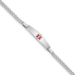 Sterling Silver Rhodium-plated Curb Link Centered Red Enamel 29x Plate Medical ID Bracelet