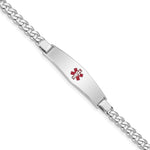 Sterling Silver Rhodium-plated Curb Link Centered Red Enamel 37x Plate Medical ID Bracelet