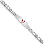 Sterling Silver Rhodium-plated Curb Link Centered Red Enamel 30x Plate Medical ID Bracelet