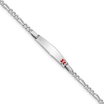 Sterling Silver Rhodium-plated Figaro Link Off-Center Red Enamel 28x Plate Childrens Medical ID Bracelet