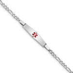 Sterling Silver Rhodium-plated Figaro Link Centered Red Enamel 28x Plate Medical ID Bracelet