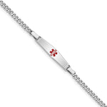 Sterling Silver Rhodium-plated Curb Link Centered Red Enamel 28x Plate Childrens Medical ID Bracelet