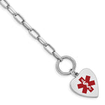 Sterling Silver Rhodium-plated Cable Link Engravable Red Enamel 23x Heart Disc Medical ID Bracelet