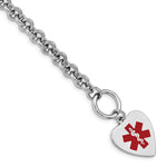 Sterling Silver Rhodium-plated Rolo Link Engravable Red Enamel 23x Heart Disc Medical ID Bracelet